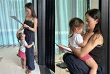 Lan Phương nỗ lực tự chăm hai con sau ly hôn, vừa đọc kịch bản phim vừa dỗ dành con gái lai 27 tháng bám mẹ