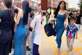 Hot girl mặc váy bó sát đến trường đón con ai cũng liếc nhìn, phụ huynh xung quanh nhiều người ngượng ngùng