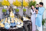 Sinh con với đồng nghiệp, diễn viên Ngọc Ánh tổ chức tiệc thôi nôi đậm chất hoàng gia, nhìn mâm cúng hội mẹ bỉm tròn mắt