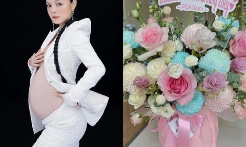 Phạm Quỳnh Anh nhận hoa với dòng chữ chúc mừng, được cho là đã sinh con thứ 3