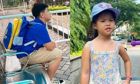 2 con Lê Phương đến trường, chiếc cặp sách "khổng lồ" nặng trĩu trên vai thành tâm điểm