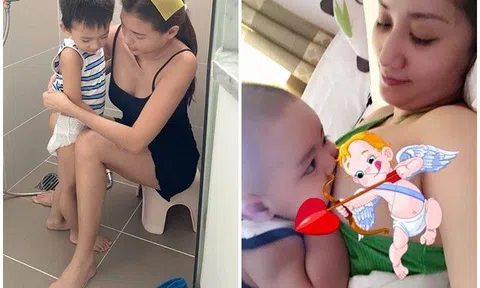Cùng bị chồng chụp lén cảnh chăm con, Thúy Diễm lộ dáng gợi cảm, nhìn Khánh Thi ai cũng thương