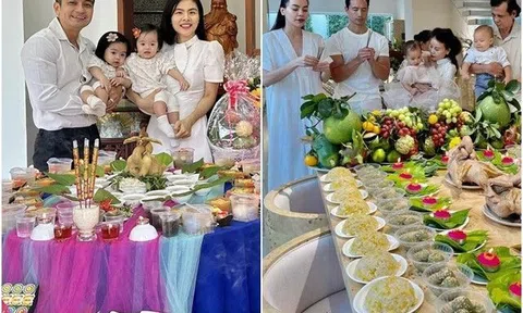 Vân Trang làm mâm cúng thôi nôi cho con sinh đôi thịnh soạn, hoành tráng như nhà Hồ Ngọc Hà, Võ Hạ Trâm