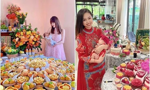 Diễn viên Anh Tuấn và vợ hotgirl kém 11 tuổi khoe mâm cúng đầy tháng cho con trai quá xa hoa