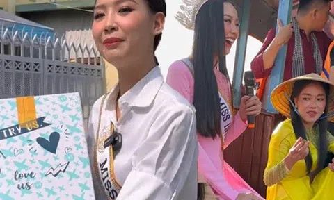 Bảo Ngọc diện áo dài, đội vương miện 8 tỷ đi chợ nổi Cần Thơ, dân quê kéo nhau xem hoa hậu quốc tế