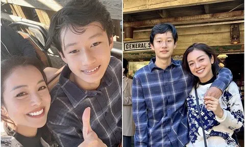 Jennifer Phạm nhỏ bé khi đứng cạnh con trai Quang Dũng 14 tuổi cao 1m8, khen con bạo dạn hơn mẹ