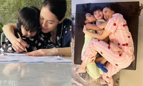 "Bóc trần" nhan sắc thật của Mỹ nhân đẹp nhất Philippines khi diện đồ ngủ ở nhà với các con
