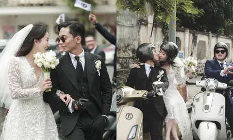 Đám cưới Khánh Thi: Phan Hiển rủ dàn anh em "cưỡi" xe máy đi rước dâu, nữ chính cười rạng rỡ