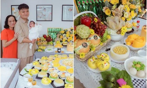 Vất vả thụ tinh nhân tạo để có con, Trịnh Tú Trung làm mâm cúng đầy tháng cho bé có cả "vàng thỏi"