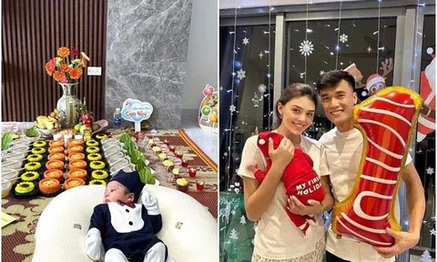 Vợ chồng cầu thủ Đình Trọng làm tiệc đầy tháng cho con cầu kì, đồ cúng khác hẳn Bùi Tiến Dũng và vợ hotgirl 2000
