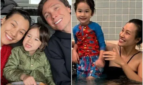 MC Hoàng Oanh sang Mỹ đi bơi cùng chồng Tây cũ, hạnh phúc cùng con trai chụp ảnh 3 người