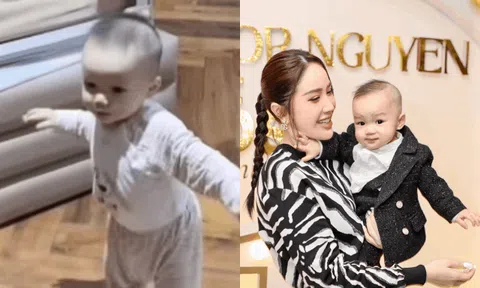 Khoe bước chân đầu đời của quý tử khi tròn 15 tháng tuổi, Bảo Thy tâm sự lý do con chậm đi