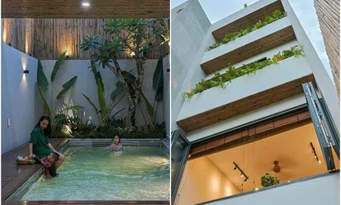 Diện tích nhà khiêm tốn chỉ 4x20m, bố vẫn “nhét” bể bơi vào được, đơn giản là vì các con thích