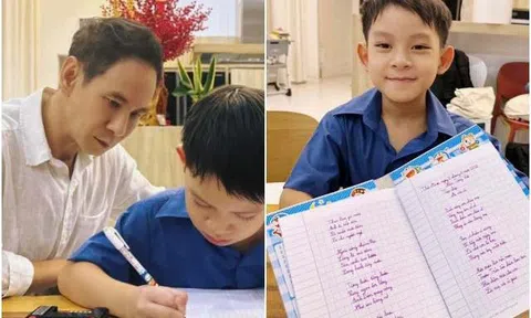 Con trai út Lý Hải Minh Hà vào lớp 1 nét chữ đẹp mê, con tự giác học đến tối muộn, bố trông muốn ngủ gục