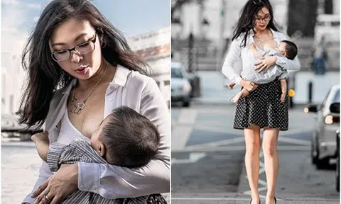 Bà mẹ xinh đẹp khoe bộ ảnh kéo áo cho con bú nơi công sở