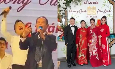Bố Shark Bình khoe giọng mừng ngày vui của con, 2 bà thông gia thấy rõ chênh lệch về chiều cao khi đọ sắc