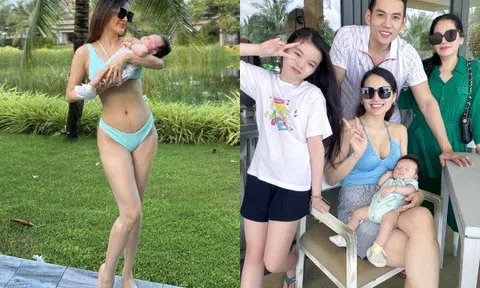 Phương Trinh Jolie diện bikini khoe eo gầy lộ xương sườn, bế con trai đi du lịch dù mới sinh 1 tháng