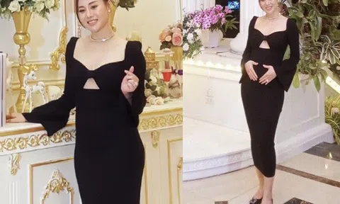 Phương Oanh "bế" bụng bầu thai đôi với Shark Bình đi ăn cưới, "eo bánh mì" lộ rõ ở tháng thứ 3