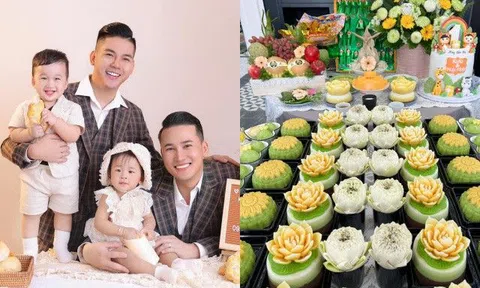Hà Trí Quang - Thanh Đoàn khoe mâm cúng thôi nôi 2 con hoành tráng, cặp song sinh nay mỗi bé giống một bố