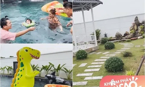 Lê Giang đưa gia đình về biệt thự nhà vườn gần 10 tỷ đồng, khoe đồ chơi mới cho bể bơi