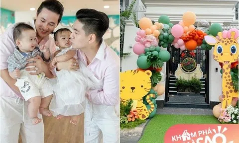 "Cặp bố bỉm hot nhất miền Tây" Hà Trí Quang - Thanh Đoàn trang trí biệt thự cực hút mắt mừng sinh nhật con sinh đôi