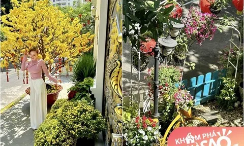 Vy Oanh khoe vườn trong biệt thự ra Tết lộc lá sum suê, hoa nở rực rỡ, cành đào đơm trái to