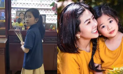 Lavie con gái Mai Phương tự tay thắp hương cho mẹ, dáng vẻ cô bé 10 tuổi đứng trước bàn thờ gây xúc động