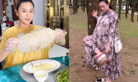 Phương Oanh mặt nở, bụng to "khổng lồ" ở tháng cuối thai kỳ, muốn nhặt đồ phải dùng chân