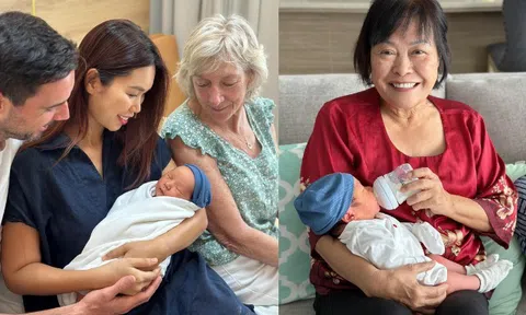 Siêu mẫu Hà Anh khoe diện mạo kháu khỉnh của con trai lai, mẹ đẻ và mẹ chồng Tây cùng có mặt bế cháu
