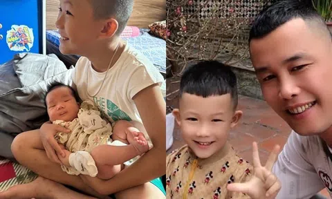 Con trai 8 tuổi của Hiệp Gà cười tít mắt ôm cháu mới sinh, con gái có con khi đang học năm nhất ngành y