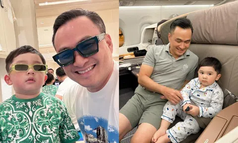 Quý tử điển trai nhà Chi Bảo - Lý Thuỳ Trang đi máy bay hạng thương gia, biểu cảm chuẩn "con nhà giàu"