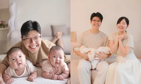 Cặp song sinh nhà "Gia đình truyền hình" như "sao y bản chính" với ba, mới vài tháng tuổi phụ huynh đã muốn cho vào nghề
