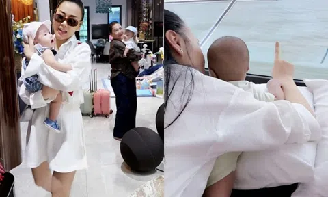 Cặp "rồng vàng" nhà Shark Bình 4 tháng tuổi đã "cưỡi" du thuyền ngắm biển, Phương Oanh có hẳn đoàn người phụ chăm con