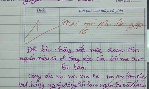 Bé trai tiểu học viết văn tả công việc của bố mẹ, giáo viên chấm 1 điểm, còn mời phụ huynh lên gặp