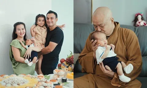 Võ Hạ Trâm làm tiệc đầy tháng cho quý tử lai Ấn, Milo nằm yên bình trong vòng tay của ông ngoại đã xuất gia