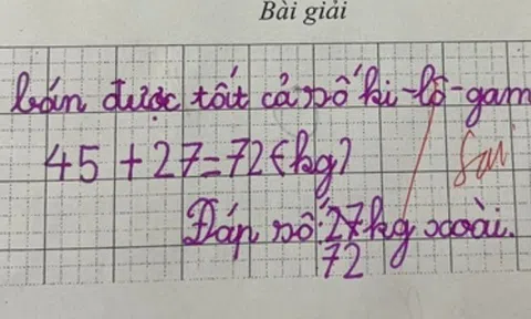 "Buổi sáng mẹ bán 45kg xoài, buổi chiều 27kg. Hỏi mẹ bán được tất cả bao nhiêu?", học sinh trả lời 72kg bị cô gạch sai