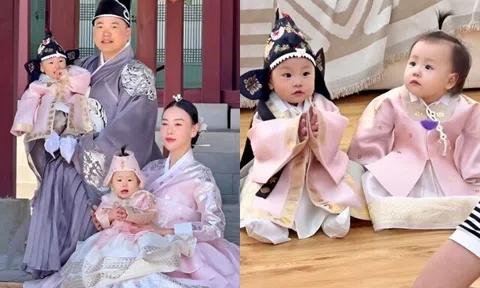 Phương Oanh diện hanbok sang trọng bên Shark Bình, vẫn bị "lu mờ" trước 2 con song sinh đáng yêu như "hoàng tử, công chúa"