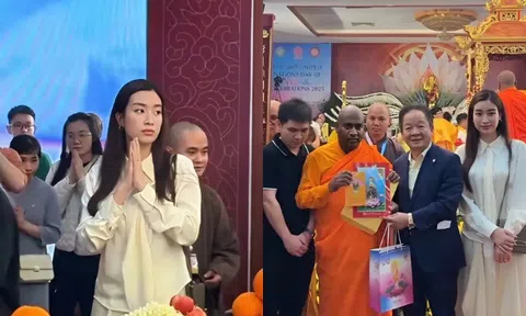 Hoa hậu Đỗ Mỹ Linh tháp tùng Bầu Hiển đi chiêm bái xá lợi Phật, khí chất chuẩn dâu hào môn