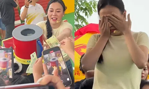 Phương Oanh khóc nức nở khi chứng kiến hoàn cảnh của cậu bé mồ côi, mặc giản dị ôm thùng tiền xin bà con quyên góp