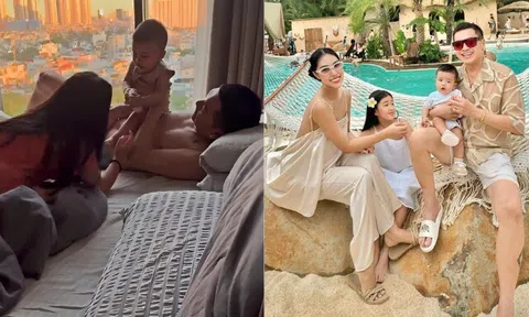 Bạn gái Quang Minh khoe cảnh con riêng chăm em trai chung nửa huyết thống, bé Dustin là bản sao của bố danh hài