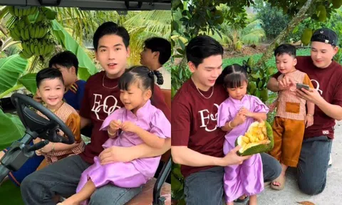 Thanh Đoàn - Hà Trí Quang đưa 2 con đi thu hoạch trái cây nhà trồng, vườn rộng đến mức phải dùng xe điện để di chuyển