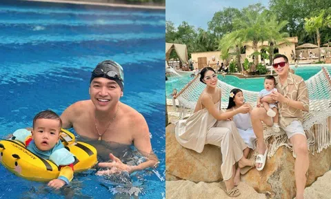 Quang Minh đưa quý tử hệt "bản sao" đi tập bơi, bạn gái kém 37 tuổi tự hào về 2 người đàn ông mình yêu