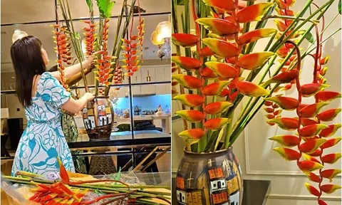 Vợ đảm của Mạnh Trường cắm hoa lúc 1h sáng: Loài hoa phong thuỷ đỏ rực hứa hẹn nhiều may mắn, tài lộc