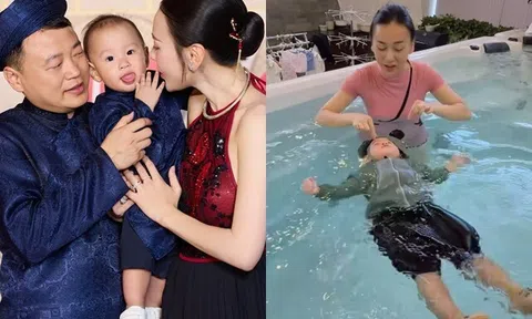 Phương Oanh khoe con trai hơn 1 tuổi đã bơi được nửa bể, quý tử của Shark Bình khiến mọi người "thót tim"