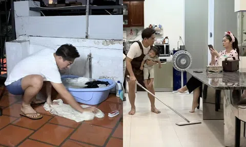 Chồng Thanh Trúc đi làm về ngồi giặt quần áo cho vợ, làm bố bỉm bế bồng con gái vẫn chăm làm việc nhà