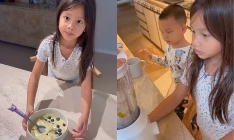 Lisa con gái Hồ Ngọc Hà vào bếp làm đồ ăn sáng cho Leon, nhìn bữa ăn hiểu ngay vì sao cặp sinh đôi chân dài ngoằng