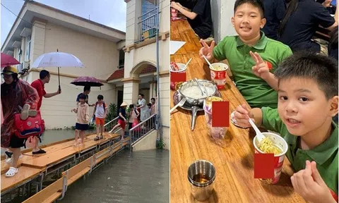 Bữa tối đặc biệt của học sinh Hà Nội ở trường vì bão: Thích thú vì được ăn mì tôm, ngồi thùng xốp, trèo lên bàn để về nhà