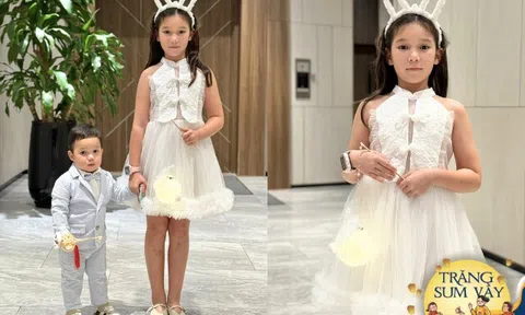 Hai con lai Tây của Hà Anh hóa trang đón Trung thu, con gái ra dáng thiếu nữ xinh đẹp, quý tử bảnh bao giống bố