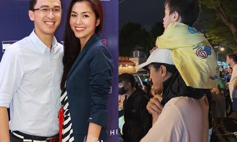 Chồng thiếu gia của Tăng Thanh Hà bền bỉ cõng con dịp Trung thu, quý tử út của "ngọc nữ màn ảnh" mê xem múa lân