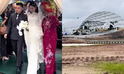 Đỗ Thị Hà và thiếu gia Viết Vương đội mưa làm lễ thành hôn, rạp cưới lớn nhất Quảng Trị bị rách do bão